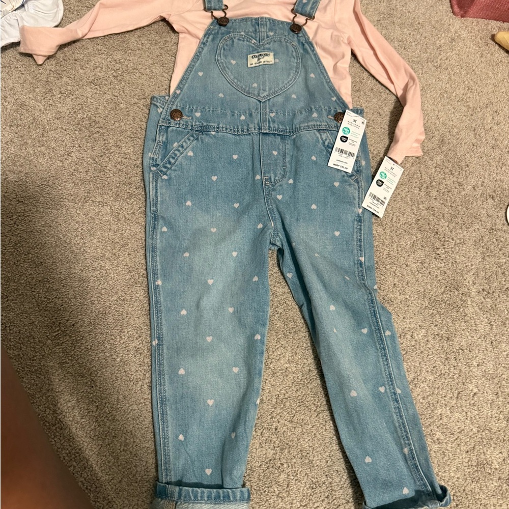 OshKosh B'gosh Blue Overalls with Pink Hearts & Shirt